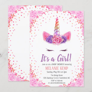 Het is een meisje eenhoorn bloemige babyshower uit kaart