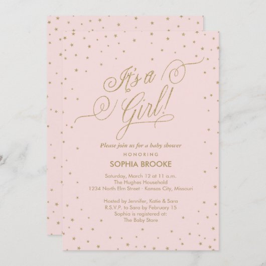 Het is een meisje! Fancy gouden sterren Roze Baby Kaart (Voorkant / Achterkant)