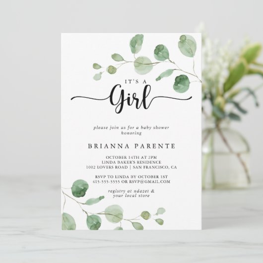 Het is een meisje Green Delight Eucalyptus Baby sh Kaart (Staand voorkant)