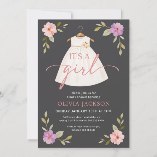 Het is een meisje jurk grijs Baby shower uitnodigi Kaart (Voorkant)