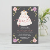 Het is een meisje jurk grijs Baby shower uitnodigi Kaart (Staand voorkant)