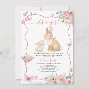 Het is een meisje konijn babyshower roze bloemen kaart