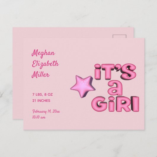 Het is een meisje met 3D Pink Star Custom Aankondigingskaart (Voorkant / Achterkant)