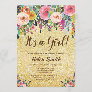 Het is een meisje met Floral Gold Glitter-Baby sho Kaart