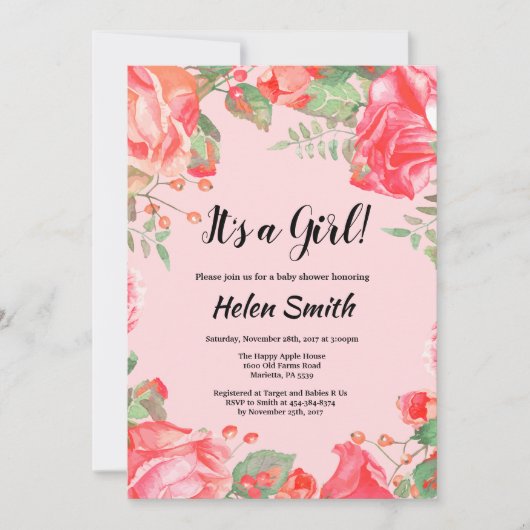 Het is een meisje paarse bloemen baby shower uitno kaart (Voorkant)