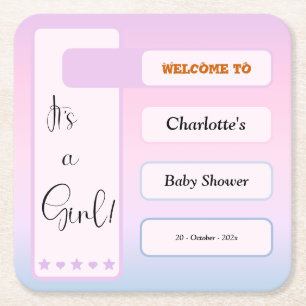 Het is een meisje! Paarse Gradiënt Cute Baby Showe Vierkante Kartonnen Onderzetter