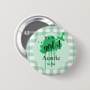 Het is een meisje! Pastelgroene Gingham Tante-in-s Ronde Button 5,7 Cm