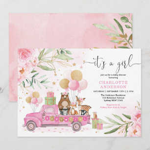 Het is een meisje! Pink Gold Floral Woodland Baby Kaart