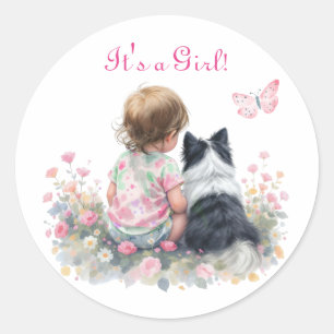 Het is een meisje Roze baby- en puppybabyfeestje Ronde Sticker