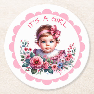 Het is een meisje   Roze Bloemen  Baby shower Ronde Kartonnen Onderzetter