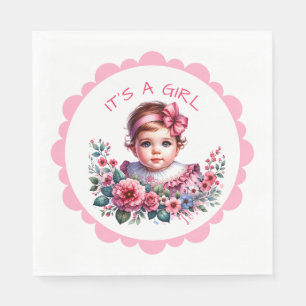Het is een meisje   Roze Bloemen  Baby shower Servet