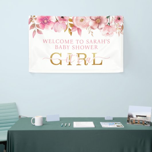 Het is een Meisje Roze Bloemen Baby shower Welkom Spandoek (Beurs)