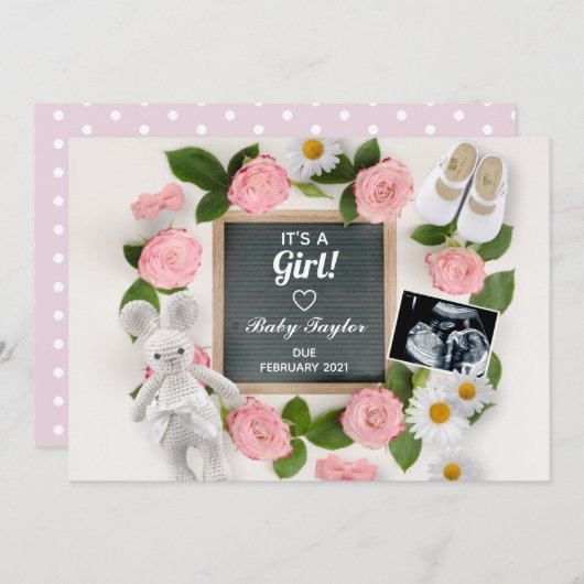 Het is een Meisje Roze Bloemen Letter Board zwange Aankondiging (Voorkant / Achterkant)