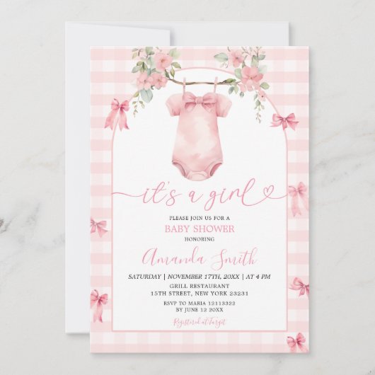 Het is een meisje roze Gingham Bow Floral Baby sho Kaart (Voorkant)