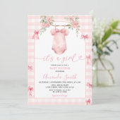 Het is een meisje roze Gingham Bow Floral Baby sho Kaart (Staand voorkant)