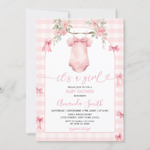 Het is een meisje roze Gingham Bow Floral Baby sho Kaart