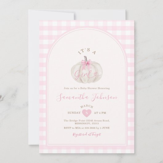 Het is een meisje roze gingham witte pompoen Baby Kaart (Voorkant)