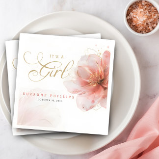 Het is een Meisje Roze Gouden Bloemen Modern Baby Servet