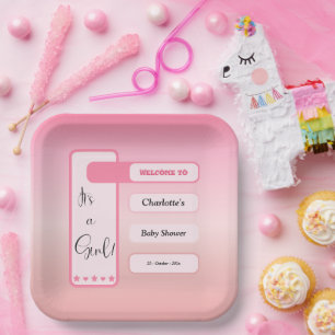 Het is een meisje! Roze Gradiënt Cute Baby Shower Papieren Bordje