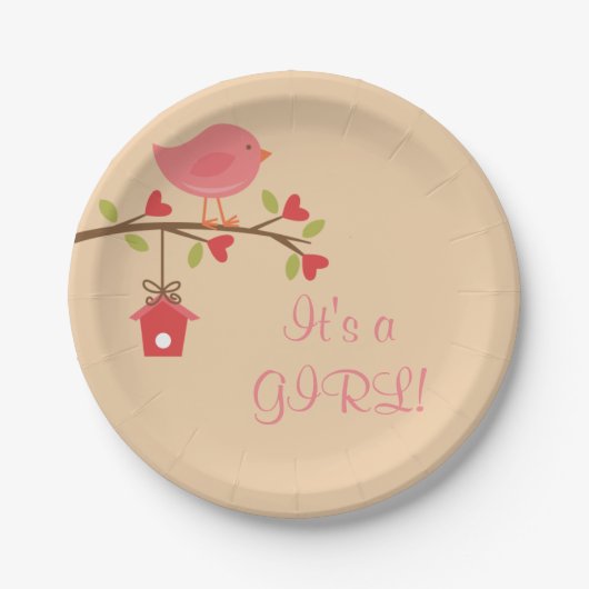 Het is een MEISJE! Roze Vogel Baby shower Papieren Papieren Bordje (Voorkant)