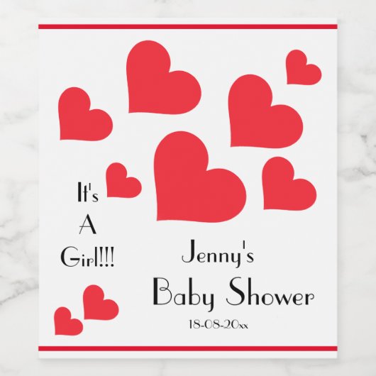 Het is een meisje! - Schattigee Rode Harten Custom Wijn Etiket (Enkel label)