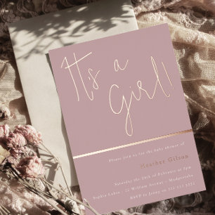 Het is een meisje! Stof Roze Mauve Baby Shower Roz Folie Uitnodiging