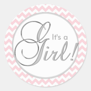 HET IS EEN MEISJE! Trendy Pink Chevron Baby shower Ronde Sticker