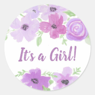 Het is een Meisje, Waterverf Paarse Bloemen Baby s Ronde Sticker