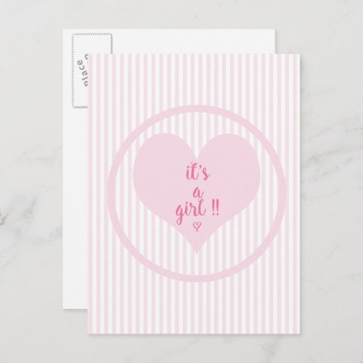 HET IS EEN MEISJE - Zachte roze en witte strepen Aankondigingskaart (Voorkant / Achterkant)