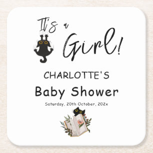 Het is een meisje! Zoete zwarte kat en boek baby s Vierkante Kartonnen Onderzetter