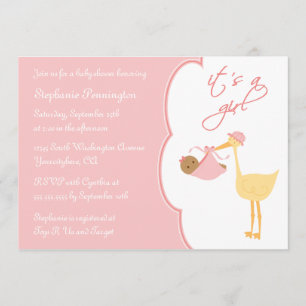 Het is een meisjesroze stork baby shower uitnodigi kaart