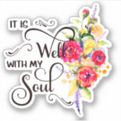 Het is een rode en gele florale sticker. sticker (Voorkant)