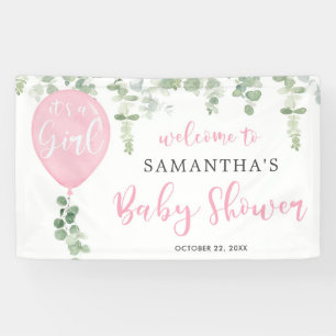 Het is een roze ballon eucalyptusbaby shower voor spandoek