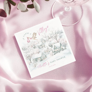 Het is een Village Pink Girl Stork Baby shower Servet