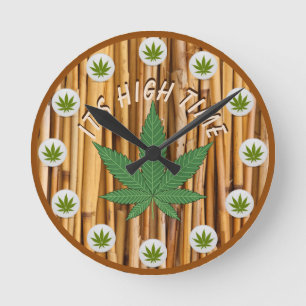 Het is High Time Weed Leaf Natural Bamboo Custom Ronde Klok