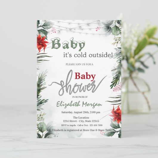Het is koud buiten Poinsettia Branches Baby shower Kaart (Staand voorkant)