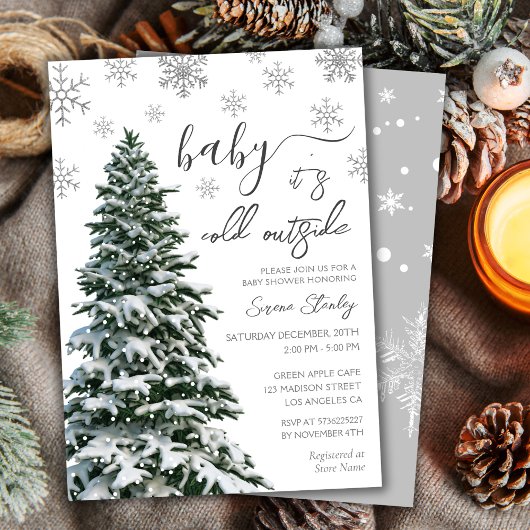 Het is koud buiten | Winter Tree Grey Baby shower Kaart