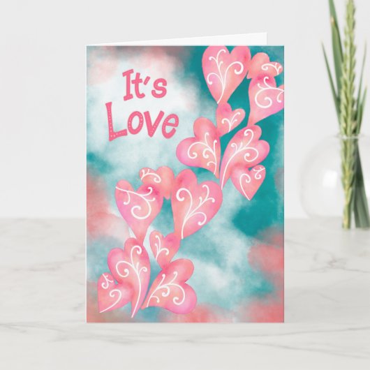 Het is Liefde – Roze en Turkooizen Hartwaterval Kaart (Voorkant)