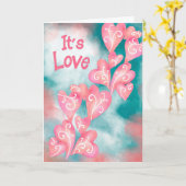 Het is Liefde – Roze en Turkooizen Hartwaterval Kaart (Gele Bloem)