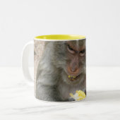 Het is Mine! .. Wild Thai Macaque Monkey Tweekleurige Koffiemok (Voorkant links)