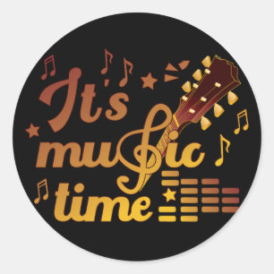 Het is muziektijd, gouden gitaar musical ronde sticker