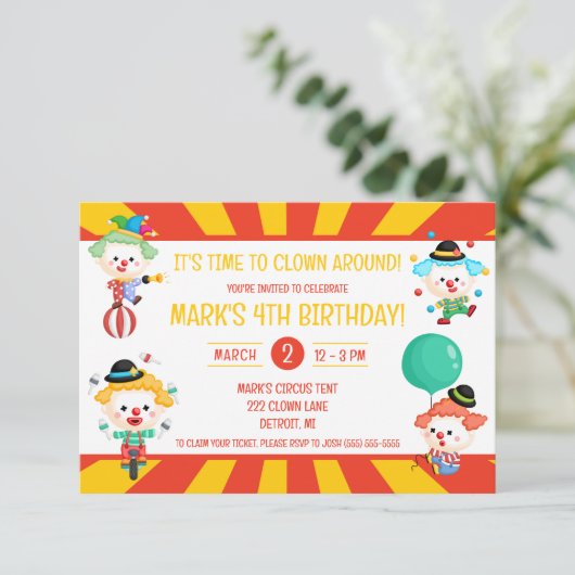 Het is tijd om te clown rond, Circus verjaardagsfe Kaart (Staand voorkant)