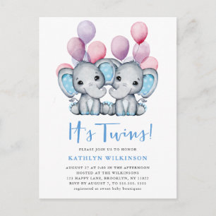 Het is tweeling olifant blauw ballon schattig Baby Uitnodiging Briefkaart