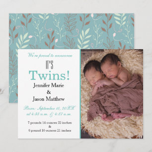 Het is Twins Blauwgroen Photo Birth Announcement Kaart