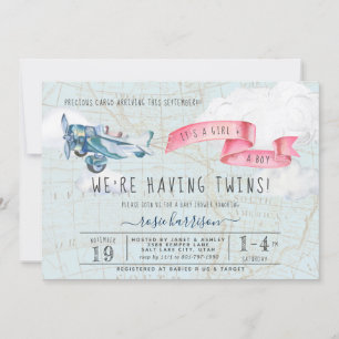 Het is Twins Boy Girl Baby shower vliegtuig Kaart