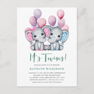 Het is Twins Boy Girl Olifant Balloon Baby shower Uitnodiging Briefkaart