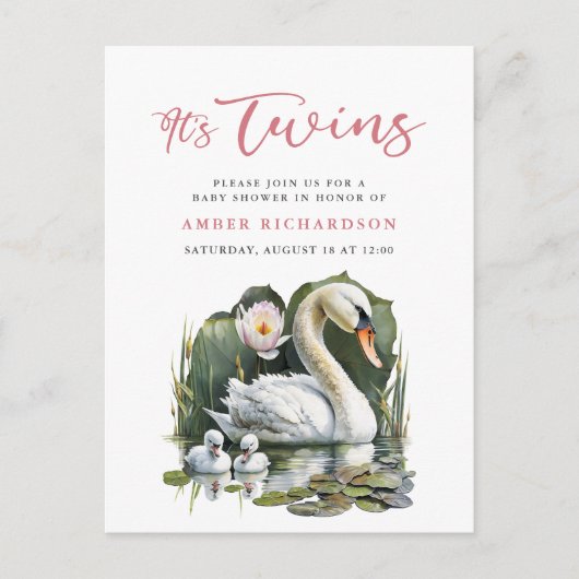 Het is Twins Elegant Roze Script Swan Baby shower Uitnodiging Briefkaart (Voorkant)