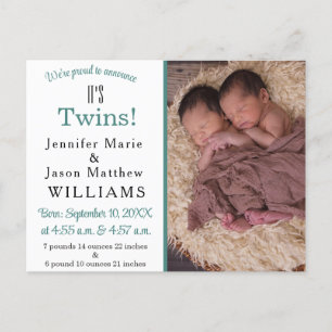 Het is Twins Modern Blauwgroen Photo Birth Announc Aankondigingskaart