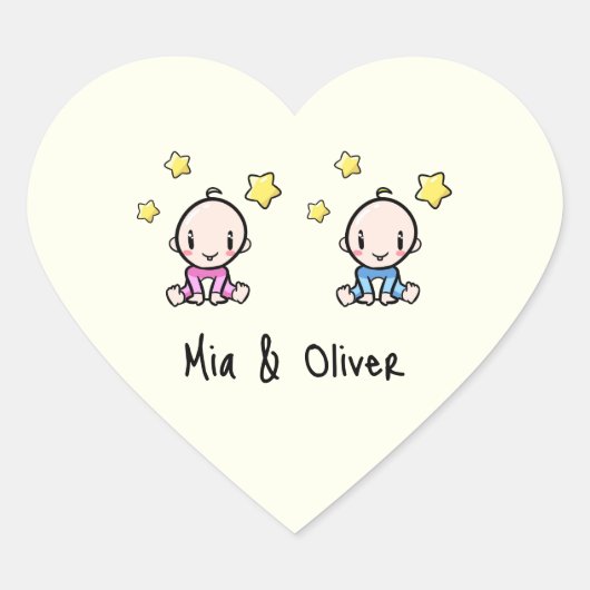 Het is Twins!, Roze & Blauw Gepersonaliseerde Twee Hart Sticker (Voorkant)