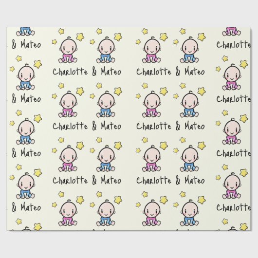 Het is Twins!, Roze & Blauw  Tweeling Baby's Cadeaupapier (Zoom)